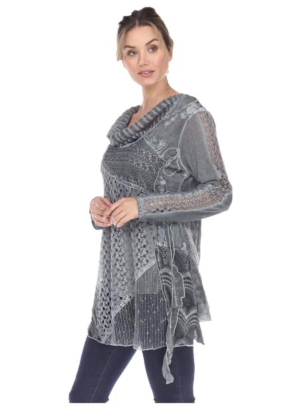 Simply Couture Size L Abstract Lace Patchwork Cowl Neck Blouse Top Grey Artsy